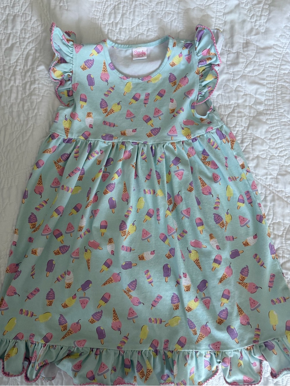 Stitchy Fish- Girls Ice Cream Print Ruffle Sleeve Dress